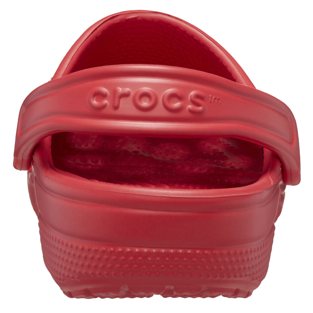 A single varsity red Crocs Unisex Classic Clog (10001-6WC) shown from a heel view on a plain white background.