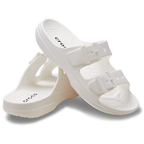 A pair of Crocs Womens Saturday Sandals (213586-100) in white, each with two adjustable straps—one sandal upright, the other leaning against it on a plain background—crafted for signature Crocs comfort.