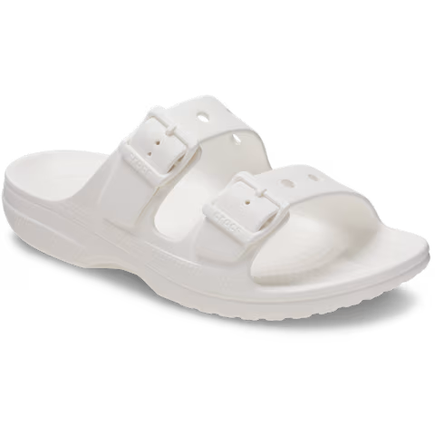 White Crocs Women's Saturday Sandal (213586-100) 3-4 front view with two straps on a transparent background.
