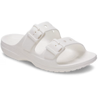 White Crocs Women's Saturday Sandal (213586-100) 3-4 front view with two straps on a transparent background.