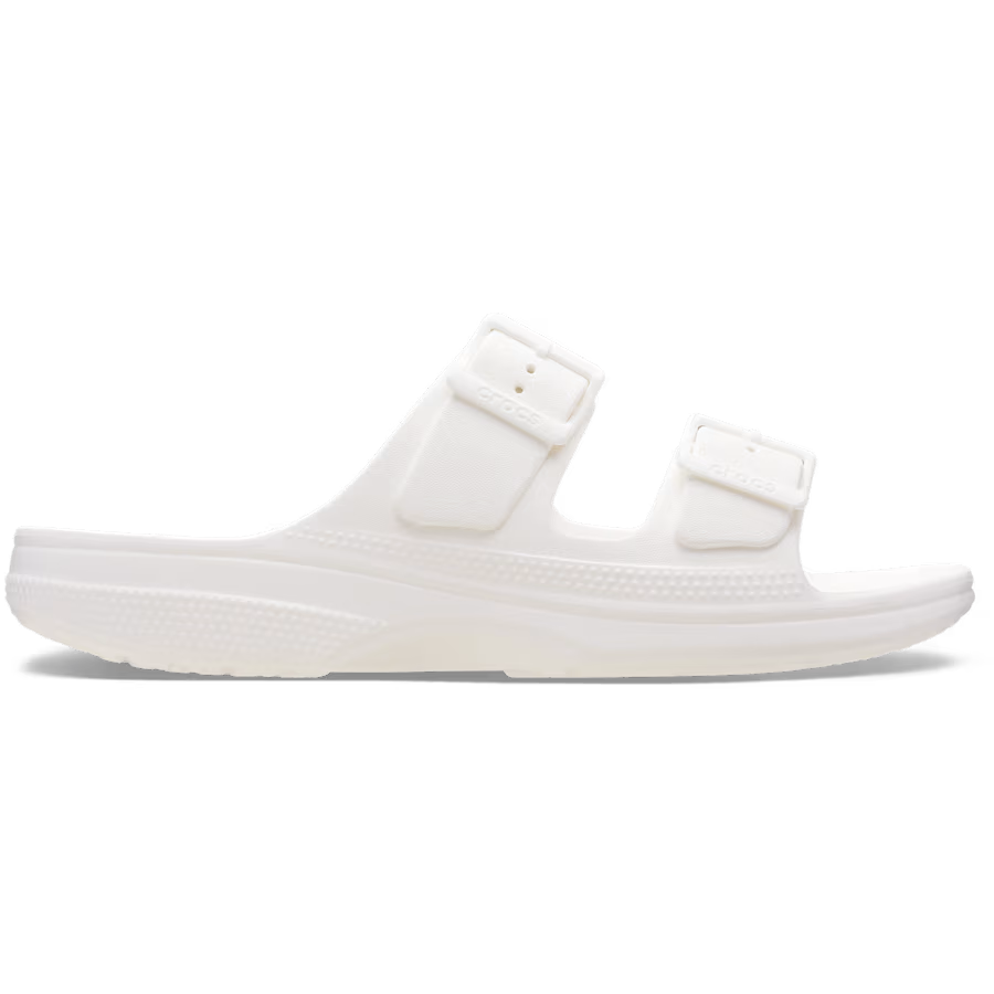 White Crocs Women's Saturday Sandal (213586-100) side view with two straps on a transparent background.