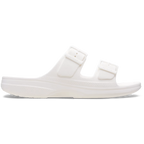 White Crocs Women's Saturday Sandal (213586-100) side view with two straps on a transparent background.