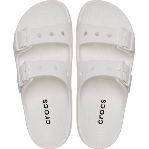 White Crocs Women's Saturday Sandals (213586-100) viewed from above with a clear background.