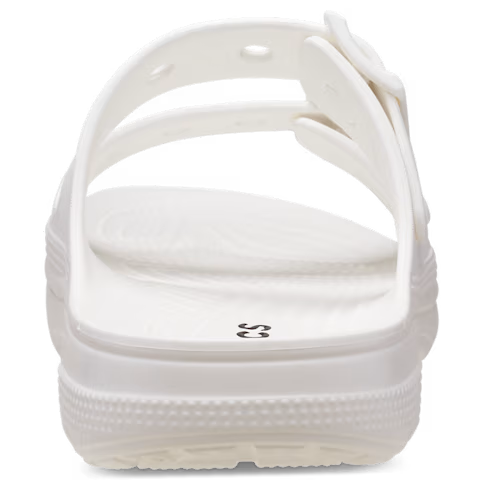 White Crocs Women's Saturday Sandal (213586-100) heel view on a transparent background.