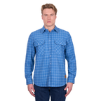 A man faces forward wearing the Dux-Bak Mens Amir L/S Thermal Shirt (D6W1116203) in steel blue, a long-sleeve button-up with two chest pockets and a white check pattern, paired with dark jeans. Brand: Dux-Bak.