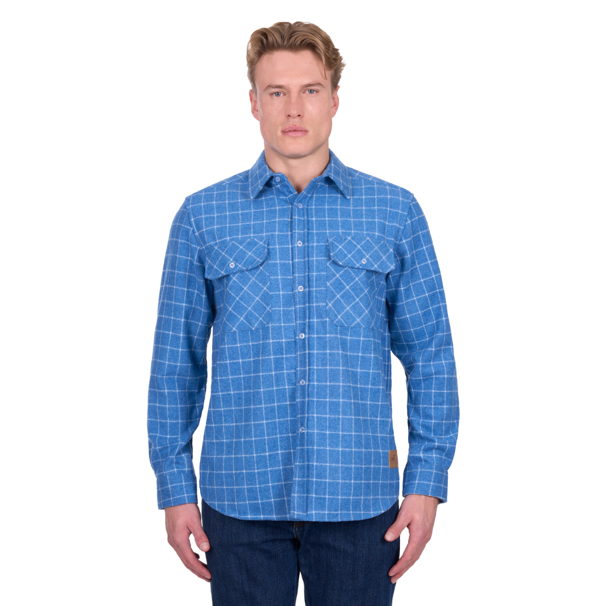 A man faces forward wearing the Dux-Bak Mens Amir L/S Thermal Shirt (D6W1116203) in steel blue, a long-sleeve button-up with two chest pockets and a white check pattern, paired with dark jeans. Brand: Dux-Bak.