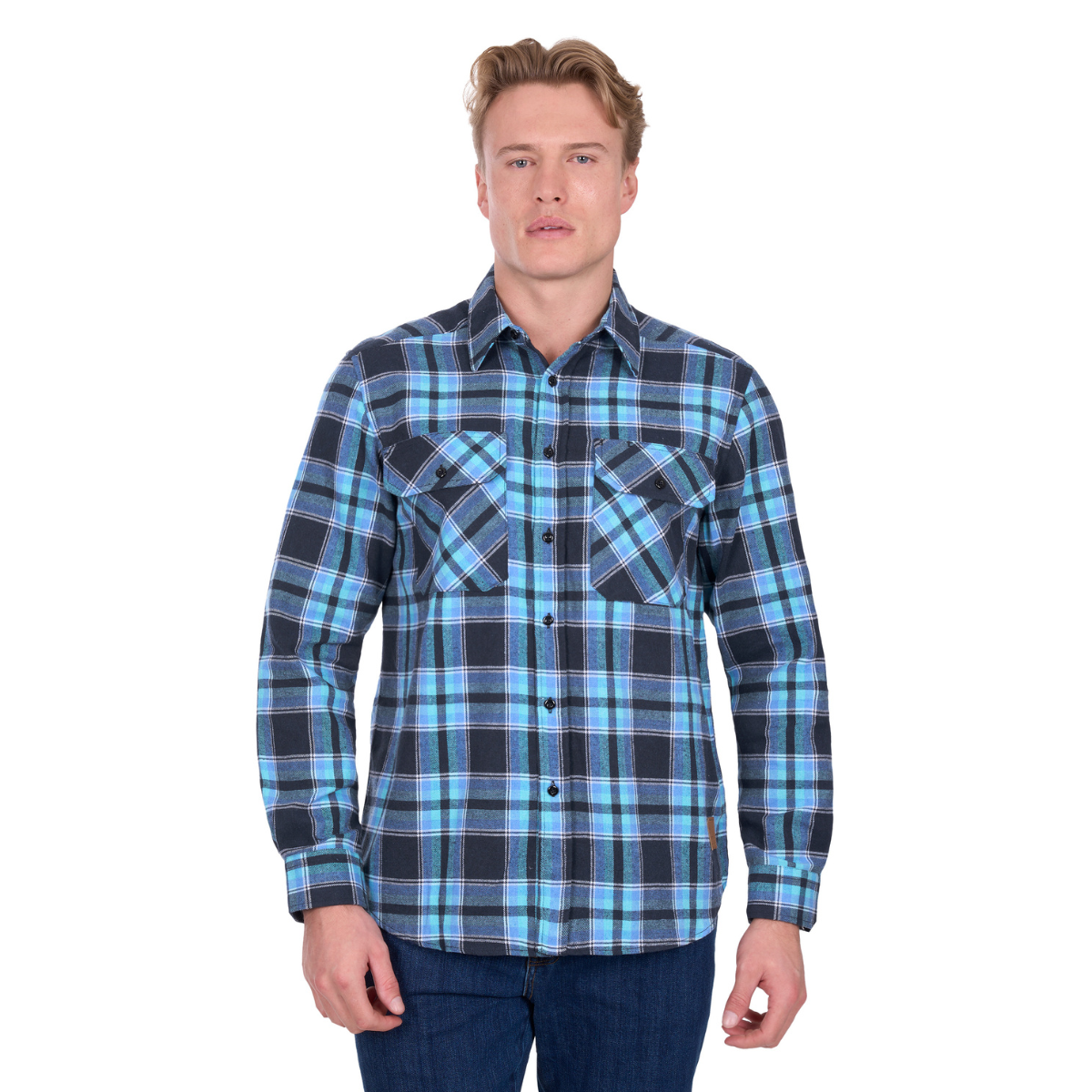 A man with short blond hair wears the Dux-Bak Mens Camden L/S Thermal Shirt (D6W1116206) in Navy/Teal, along with dark blue jeans, standing against a white background.