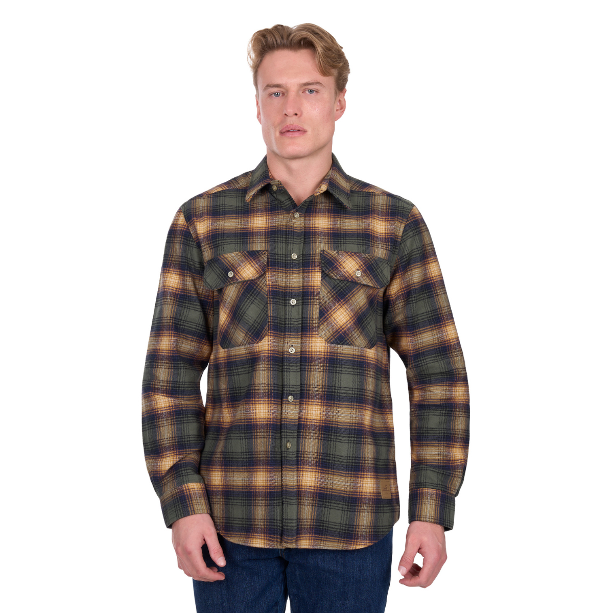 A man wearing a Dux-Bak Mens Micah L/S Thermal Shirt (D6W1116202) in Khaki/Tan stands against a white background, facing forward with a neutral expression.