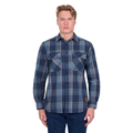 A person wearing the Dux-Bak Mens Miles L/S Thermal Shirt (D6W1116200) in Navy/Teal with long sleeves and two chest pockets, standing facing forward against a white background.