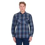 A person wearing the Dux-Bak Mens Miles L/S Thermal Shirt (D6W1116200) in Navy/Teal with long sleeves and two chest pockets, standing facing forward against a white background.