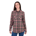 A woman with long brown hair wears the Dux-Bak Womens Ahri L/S Thermal Shirt (D6W2150114) in Green/Pink, paired with blue jeans. She stands facing forward and smiles softly against a white background.
