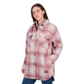 A woman wears the Dux-Bak Womens Elk L/S Overshirt (D6W2103059) in pink—a heavyweight plaid layer with large front pockets—paired with blue jeans, standing against a white background.