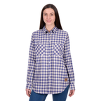A woman in a Dux-Bak Womens Joyce L/S Thermal Shirt (D6W2150115) in purple/white stands facing forward, slightly smiling, with hands relaxed by her sides.