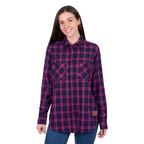 A woman with long brown hair, wearing the Dux-Bak Womens Sybel L/S Thermal Shirt in Pink/Navy and blue jeans, stands smiling against a white background.
