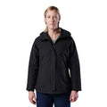 A woman modelling a black hooded FXD Women's WO-1W Insulated Waterproof Jacket (FX12407001) with a full front zipper and zippered chest pocket, paired with dark blue pants, against a solid white background.
