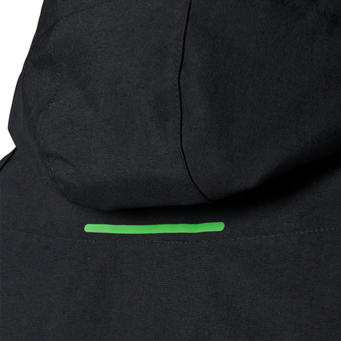 Close-up of a woman modelling a black hooded FXD Women's WO-1W Insulated Waterproof Jacket (FX12407001) with a bright green reflective horizontal stripe on the back.