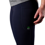 A close up of the pocket detail on a pair of navy blue FXD Women's Work Leggings (WP-9W) paired with a grey tee on a white background.