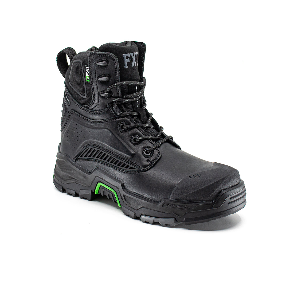 The FXD Mens Dura X-1 High Cut Industrial Work Boots (FXWB8) in black feature green and gray accents, a rugged Nitrocore sole, reinforced toe, metal eyelets, pull loop at the back, and visible "FXD" branding on the tongue and side.