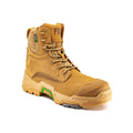 The FXD Mens Dura X-1 High Cut Industrial Work Boots (FXWB8) in wheat feature a reinforced toe, thick treaded Nitrocore sole, green and black branding accents, and are displayed against a white background.