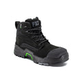 The FXD Mens Dura X-2 Mid Cut Industrial Work Boots (FXWB9) Black, featuring green accents, a thick Nitrocore sole, reinforced toe, padded ankle, and laces, is displayed against a white background.