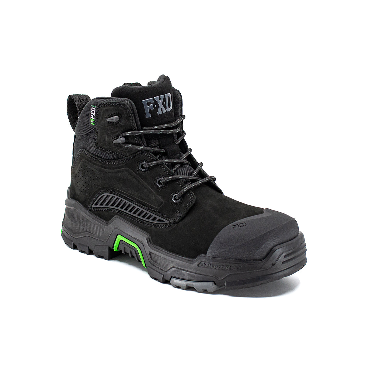 The FXD Mens Dura X-2 Mid Cut Industrial Work Boots (FXWB9) Black, featuring green accents, a thick Nitrocore sole, reinforced toe, padded ankle, and laces, is displayed against a white background.