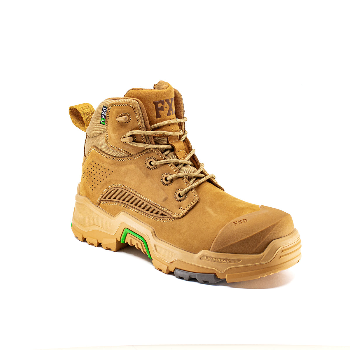 The FXD Mens Dura X-2 Mid Cut Industrial Work Boots (FXWB9) in Wheat feature a rugged Nitrocore sole, high ankle support, green and yellow sole details, laces, and FXD branding on the tongue and side, shown on a white background.