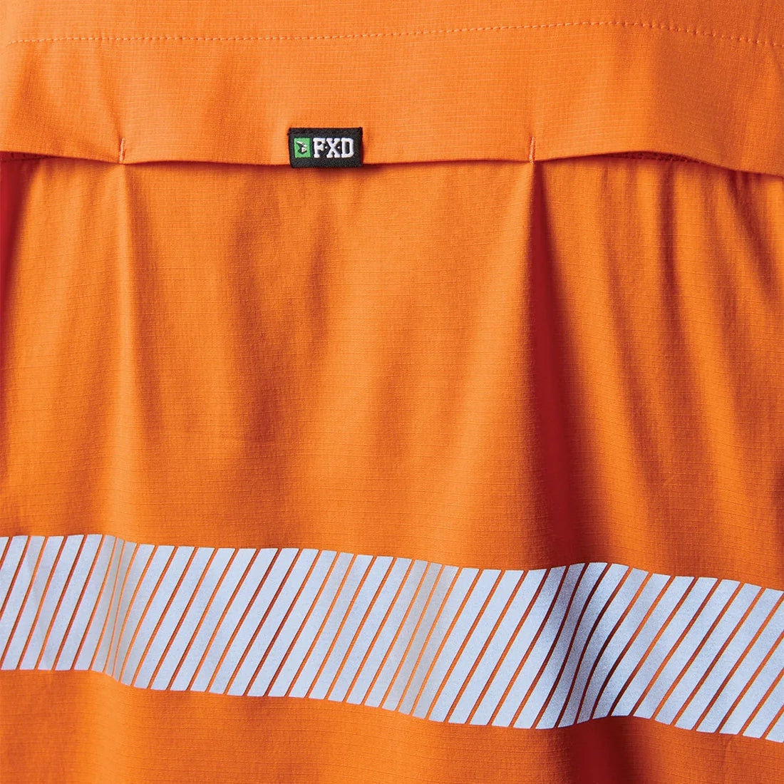 Close up detail of an orange and navy FXD Men's LSH-4T Vented Tech Hi-Vis Long Sleeve Work Shirt (FX02504010).