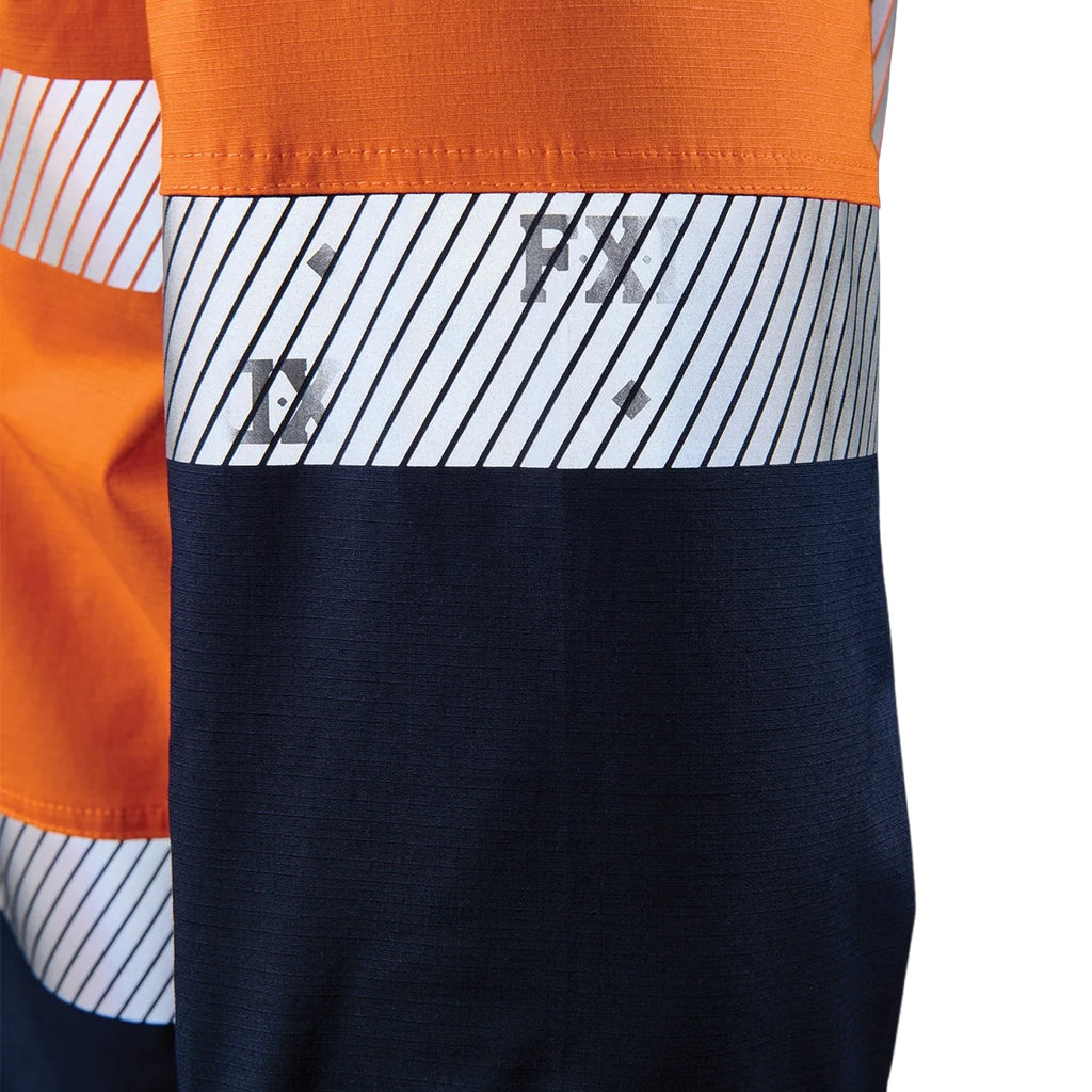 Close up detail of an orange and navy FXD Men's LSH-4T Vented Tech Hi-Vis Long Sleeve Work Shirt (FX02504010).