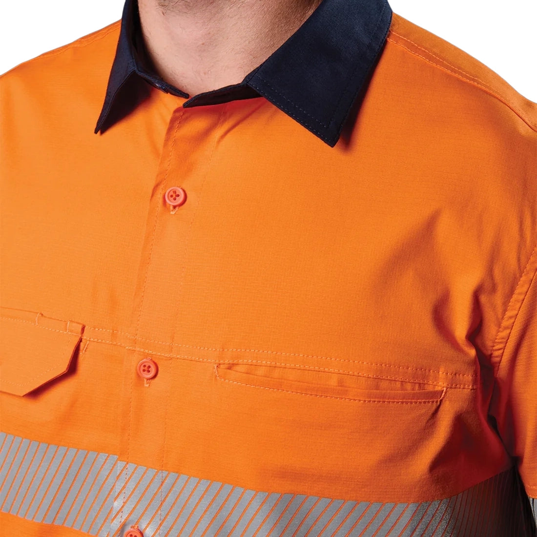 Close up detail of an orange and navy FXD Men's LSH-4T Vented Tech Hi-Vis Long Sleeve Work Shirt (FX02504010) with hi vis tape on a white background.