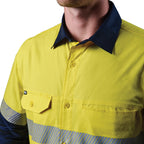 Close up detail of a yellow and navy FXD Men's LSH-4T Vented Tech Hi-Vis Long Sleeve Work Shirt (FX02504010) with hi vis tape on a white background.