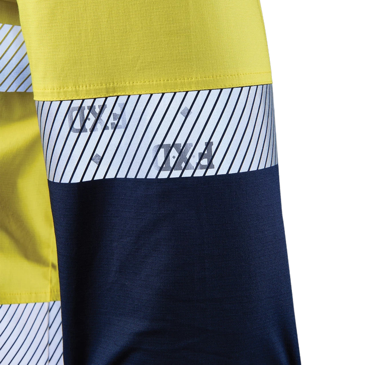 Close up detail of a yellow and navy FXD Men's LSH-4T Vented Tech Hi-Vis Long Sleeve Work Shirt (FX02504010) with hi vis tape on a white background.