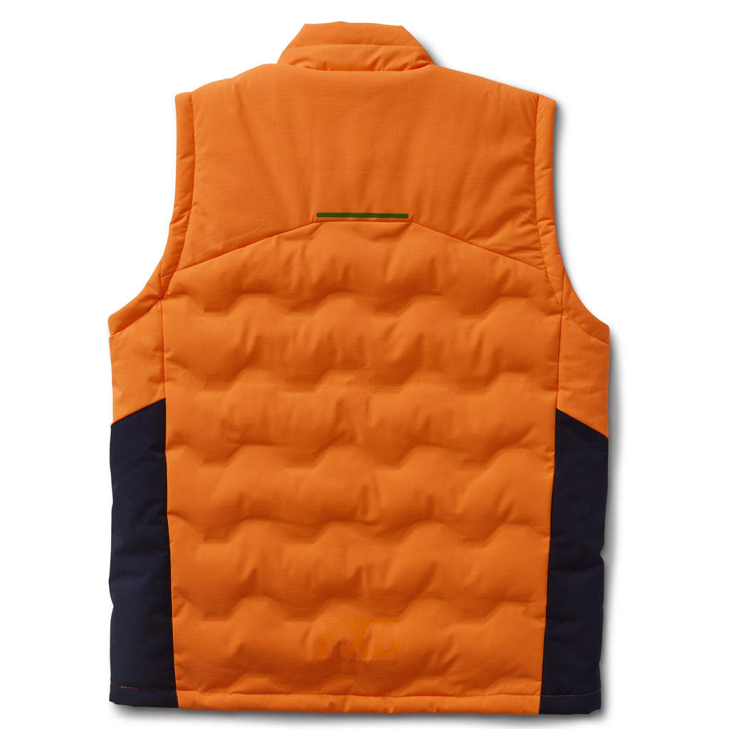 The FXD Mens WO-6 Puffer Vest (FX02407005) in bright orange features black side panels, front zipper, high collar, quilted padding, water-repellent finish, and FXD logo patches on the left chest and lower right.