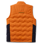 The FXD Mens WO-6 Puffer Vest (FX02407005) in bright orange features black side panels, front zipper, high collar, quilted padding, water-repellent finish, and FXD logo patches on the left chest and lower right.