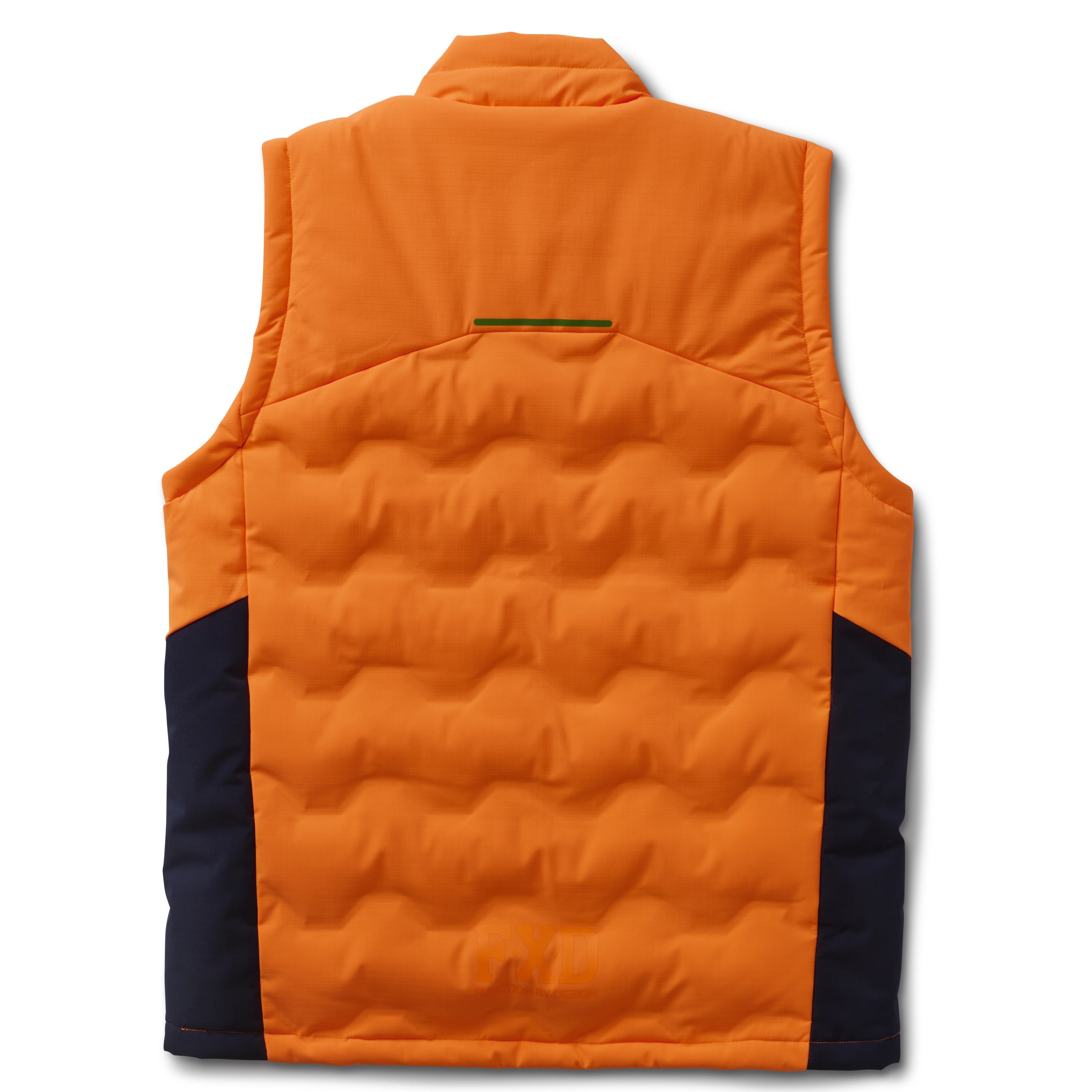 The FXD Mens WO-6 Puffer Vest (FX02407005) in bright orange features black side panels, front zipper, high collar, quilted padding, water-repellent finish, and FXD logo patches on the left chest and lower right.