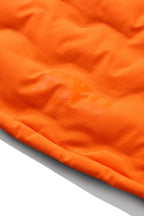 The FXD Mens WO-6 Puffer Vest (FX02407005) in bright orange features black side panels, front zipper, high collar, quilted padding, water-repellent finish, and FXD logo patches on the left chest and lower right.