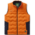 The FXD Mens WO-6 Puffer Vest (FX02407005) in bright orange features black side panels, front zipper, high collar, quilted padding, water-repellent finish, and FXD logo patches on the left chest and lower right.