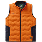 The FXD Mens WO-6 Puffer Vest (FX02407005) in bright orange features black side panels, front zipper, high collar, quilted padding, water-repellent finish, and FXD logo patches on the left chest and lower right.