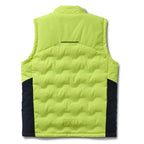 The FXD Mens WO-6 Puffer Vest (FX02407005) in yellow is a sleeveless, water-repellent insulated vest with black side panels, black zipper, high collar, padded warmth, and FXD branding on the chest and lower left hem.