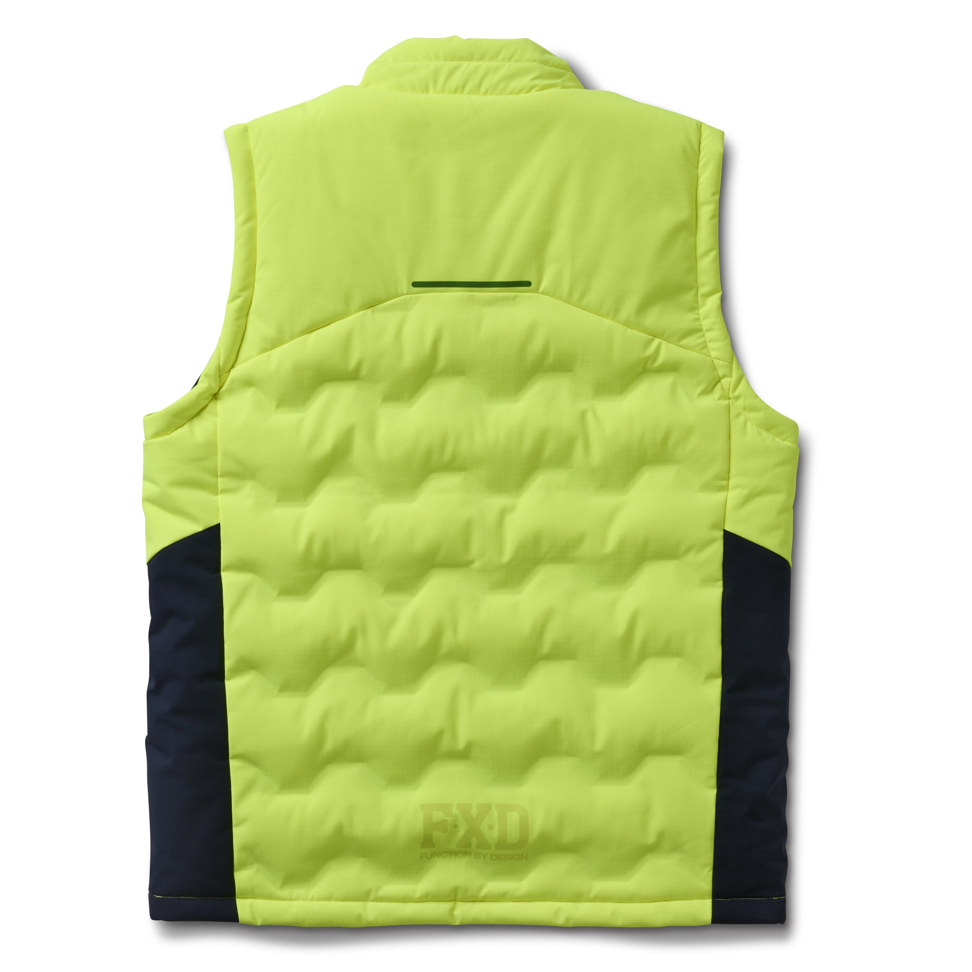 The FXD Mens WO-6 Puffer Vest (FX02407005) in yellow is a sleeveless, water-repellent insulated vest with black side panels, black zipper, high collar, padded warmth, and FXD branding on the chest and lower left hem.
