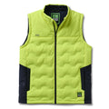 The FXD Mens WO-6 Puffer Vest (FX02407005) in yellow is a sleeveless, water-repellent insulated vest with black side panels, black zipper, high collar, padded warmth, and FXD branding on the chest and lower left hem.