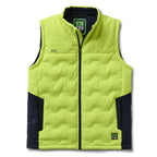 The FXD Mens WO-6 Puffer Vest (FX02407005) in yellow is a sleeveless, water-repellent insulated vest with black side panels, black zipper, high collar, padded warmth, and FXD branding on the chest and lower left hem.