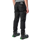 A man wearing black cargo style FXD WP-12C Elastic Waist Stretch Ripstop Cuffed Work Pants (FX02506027) with a drawstring waist and black work boots, shown from the waist down on a plain white studio background, 3-4 back view.