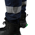 A close up showing the cuff and tape detail on a pair of navy FXD Men's WP-12CT Elastic Waist Stretch Ripstop Cuffed Taped Work Pants (FX02606029) on a white background.