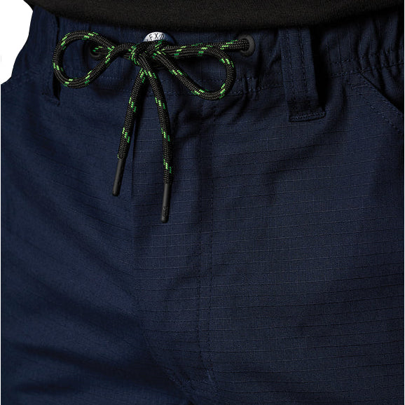 A close up showing the waist cord detail on a pair of navy FXD Men's WP-12CT Elastic Waist Stretch Ripstop Cuffed Taped Work Pants (FX02606029) on a white background.