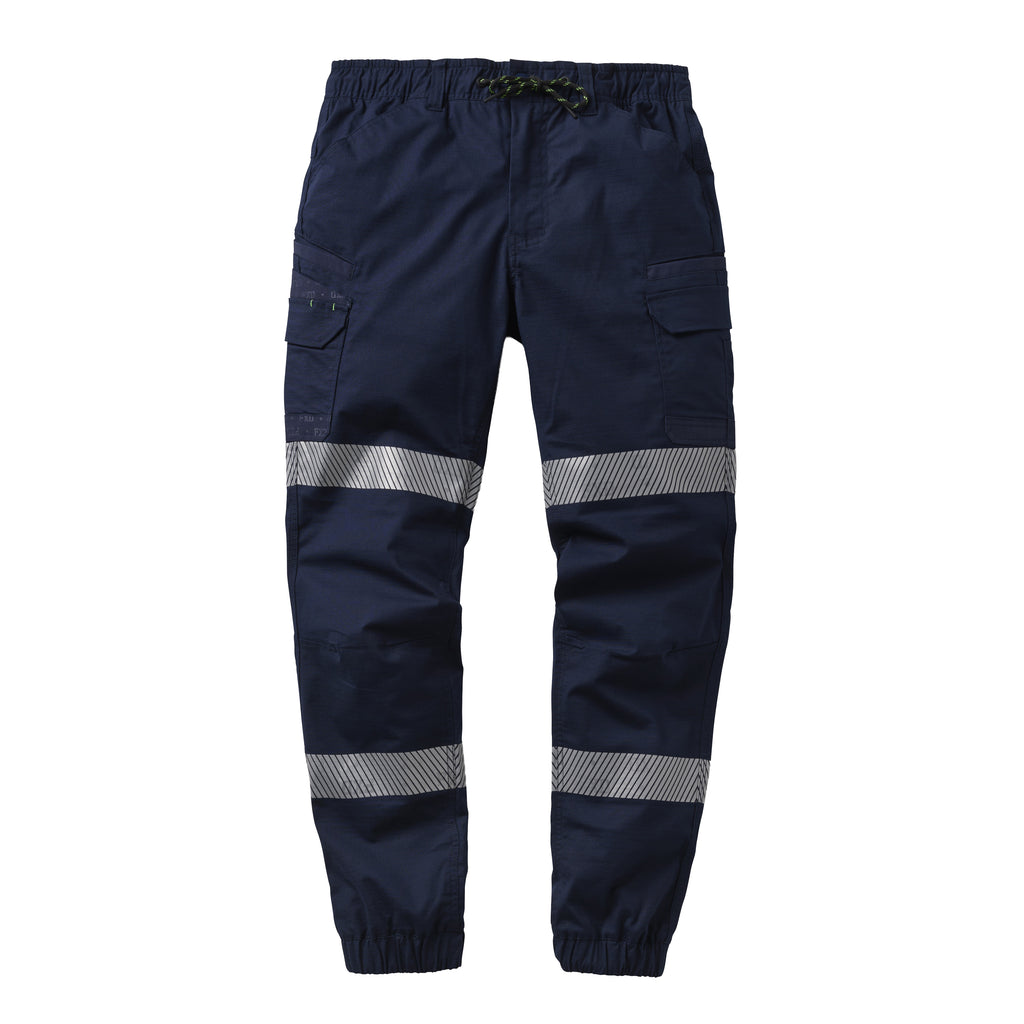 A flat lay of a pair of navy FXD Men's WP-12CT Elastic Waist Stretch Ripstop Cuffed Taped Work Pants (FX02606029) with reflective tape at the knees and cuffs on a white background.