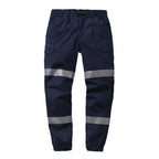 A flat lay of a pair of navy FXD Men's WP-12CT Elastic Waist Stretch Ripstop Cuffed Taped Work Pants (FX02606029) with reflective tape at the knees and cuffs on a white background.