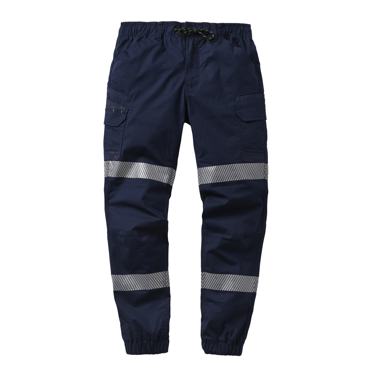 A flat lay of a pair of navy FXD Men's WP-12CT Elastic Waist Stretch Ripstop Cuffed Taped Work Pants (FX02606029) with reflective tape at the knees and cuffs on a white background.