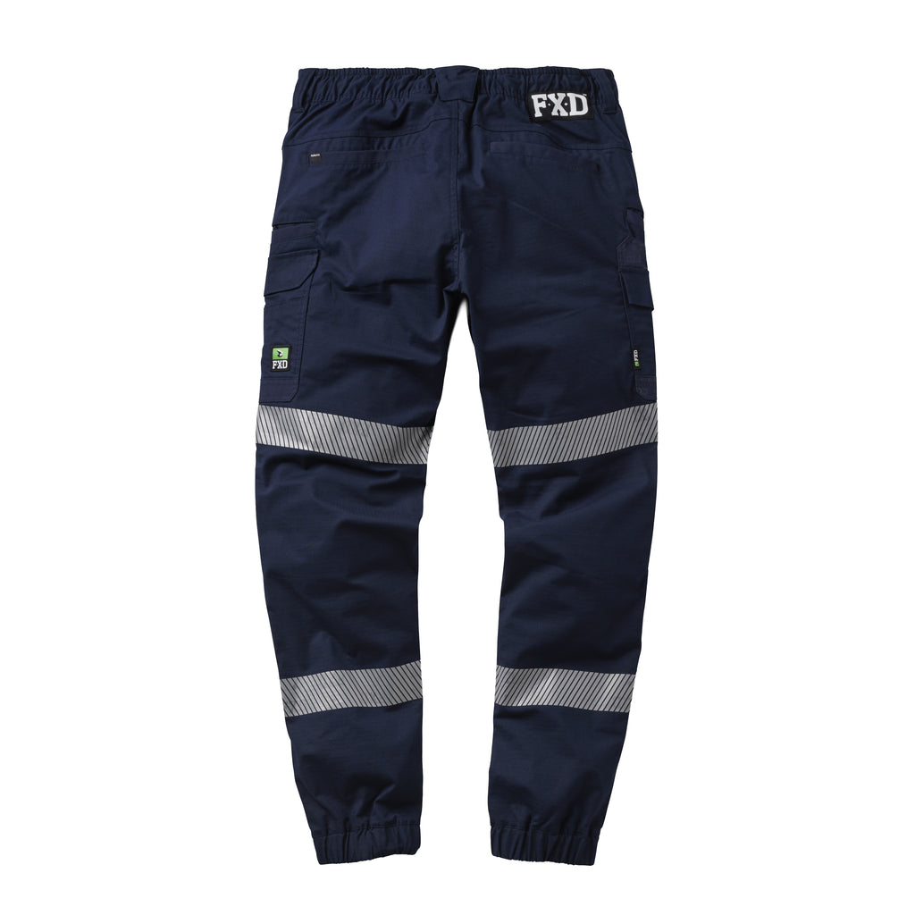 A flat lay of the back of a pair of navy FXD Men's WP-12CT Elastic Waist Stretch Ripstop Cuffed Taped Work Pants (FX02606029) with reflective tape at the knees and cuffs on a white background.