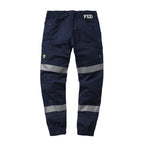 A flat lay of the back of a pair of navy FXD Men's WP-12CT Elastic Waist Stretch Ripstop Cuffed Taped Work Pants (FX02606029) with reflective tape at the knees and cuffs on a white background.