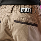 Close up of back waist detail of a pair of khaki cargo style FXD Men's WP-12 Elastic Waist Stretch Ripstop Work Pants (FX02506026) on a white background.